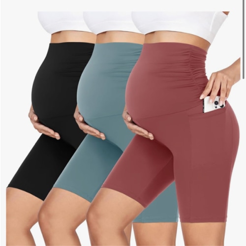 GROTEEN 3 Pack Women's Maternity Shorts Over Belly with Pockets - 8'' High Waisted Workout Yoga Pregnancy Biker Shorts