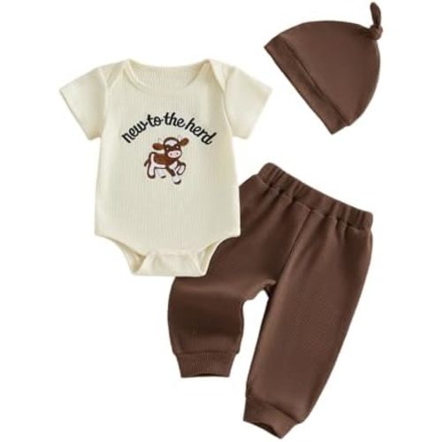 New To The Crew Newborn Outfit Baby Boy Letter Embroidery Short Sleeve Bodysuit Top Pants Hat 3Pcs Summer Outfit