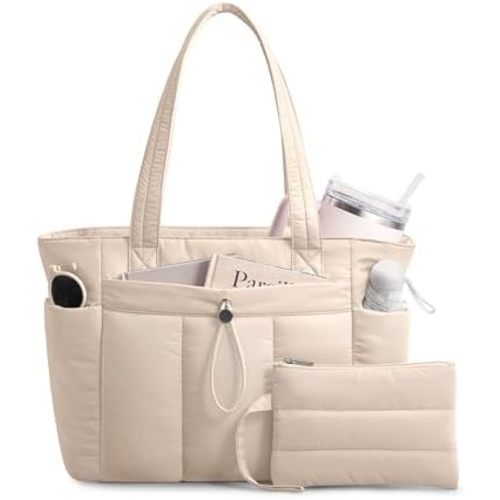TOPDesign Puffy Tote Bag for Women with Cup Holder & Laptop Compartment & Cosmetic Bag & Trolley Sleeve for Work, Travel