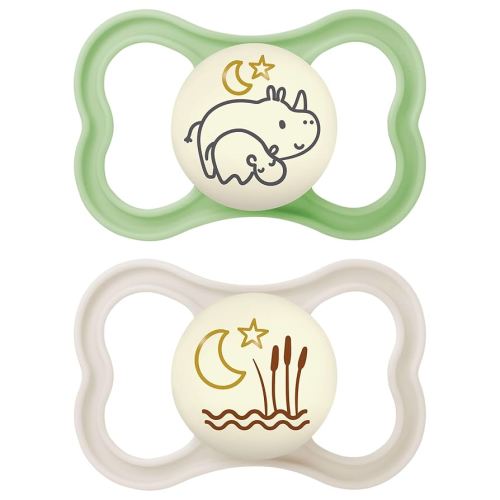 MAM Air Night Pacifiers, MAM Sensitive Skin Pacifier 6+ Months, Glow in The Dark Pacifier, Best Pacifier for Breastfed Babies, Unisex Baby Pacifiers, 2 Count (Pack of 1), Designs May Vary