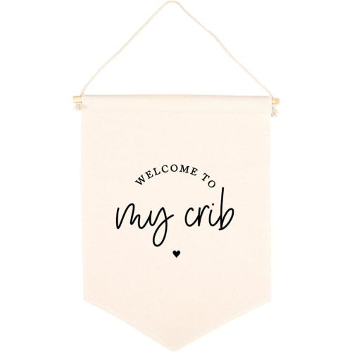 Hanging Canvas Banner - Welcome To My Crib Tapestry Wall Hanging Banner for Baby Girl, Baby Boy, Kids Canvas Nursery Decor, Pennant Flag Wall Art, 1-Pack