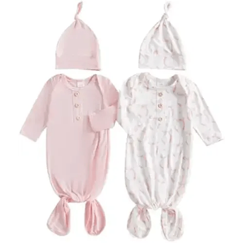 woshilaocai 2 Pack Baby Boy Girl Gown Sleeper Newborn Knotted Nightgown and Hat Set Infant Sleepwear