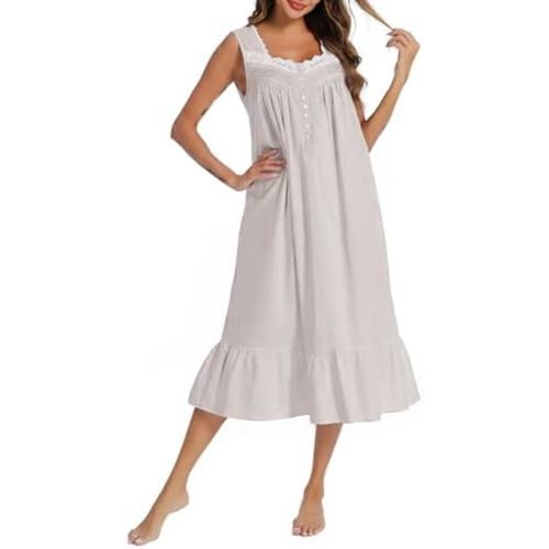 AVIIER 100% Cotton Nightgowns for Women Sleeveless Sleep Dress Ladies Gowns Sleepwear with Pockets