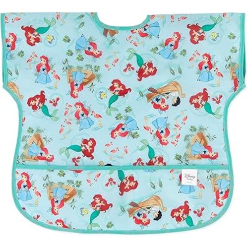Bumkins Disney Short Sleeve Bib for Girl or Boy, Toddler and Kids for 1-3 Years, Large Size, Essential Must Have for Junior Children, Eating, Mess Saving Soft Fabric Apron for Play, Ariel