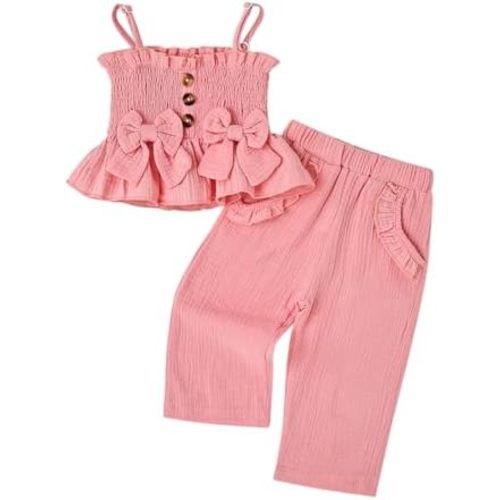 Toddler Baby Girl Clothes Summer Outfits Cute Bow Button Ruffle Camisole Pants Set 9-36 Months