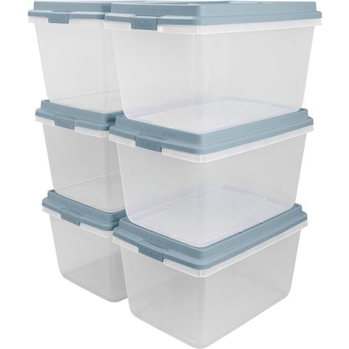Hefty HI-RISE Stackable Storage Bins - Under Bed Storage Containers with Lids, Shoe Organizer, Plastic Storage Bins, Clear Shoe Boxes with XL Lid-Locking Latches, Durable Double Rim - 72qt (6 Pack)