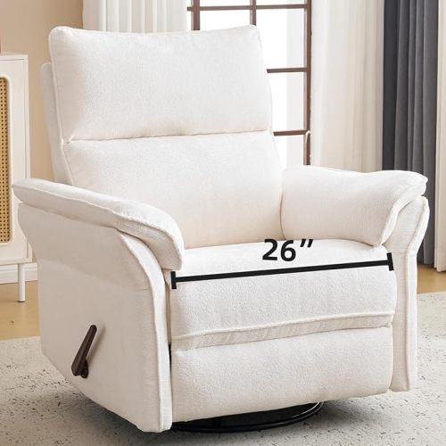 Oversized Recliner Chair, 26" Extra Wide 360° Swivel Rocker Recliner with Adjustable Headrest, Chenille Glider Rocking Nursery Chair with Overstuffed Armrest, Lumbar Support, White