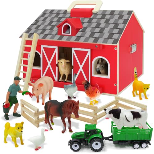 SIMPLIPLAY Farm Animal Toys with Portable Large Wooden Barn for Kids 3+ Years Old, 10 PCS Farm Animals Figures for Boys, Girls, Animal Lovers, Ideal Gift for Kids Toddlers, Improve Fine Motor Skills