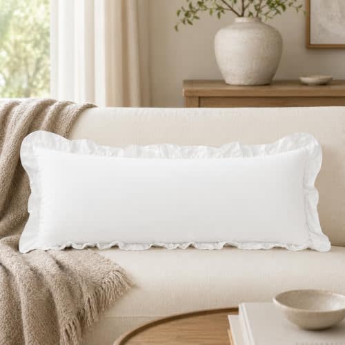 JoraLion Ruffled Lumbar Pillow Cover 14x36 Solid White | Ruffle Throw Pillow Cover Solid Cotton Decor Farmhouse Soft Cushion Case for Couch Sofa Bed Living Room, Pack of 1