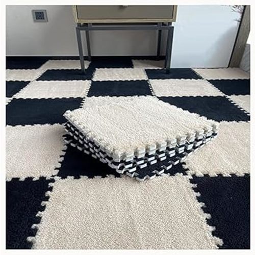 24Pcs Plush Foam Floor Mat Square Interlocking Carpet Tiles 12X12 Inch Puzzle Piece Carpet Squares Thick Fluffy Foam Floor Tiles Carpet for Parlor Bedroom (Black+Lightbrown)