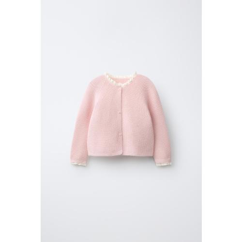 CABLE KNIT CARDIGAN WITH LACE TRIM - Pastel pink | ZARA United States