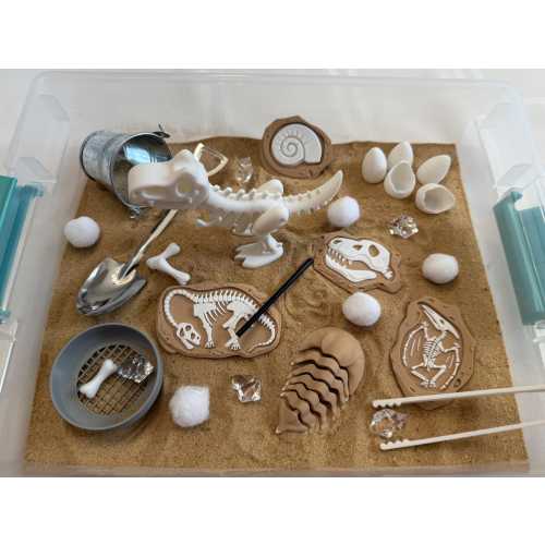 Dinosaur Fossil Dig Sensory Bin - Montessori Excavation Activity Kit for Kids | STEM Learning & Pretend Play | Flisat Filler | Busy Bin