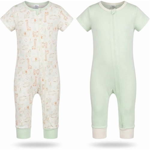 Cudlie Baby 2-Pack Footless One-Piece Outfit – Short Sleeve Double Zipper Baby Bodysuit, Soft Cotton Blend Infant Clothes,Little Safari Crew, Calm Sage, 0-3 Months
