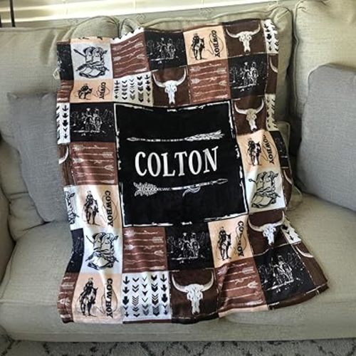 Baby Western Blankets, Personalized Cowboy Baby Blankets for Boys, Brown Western Blanket for Baby Boy, Custom Baby Name Fleece Blanket for Infant Newborn Son Daughter Toddlers