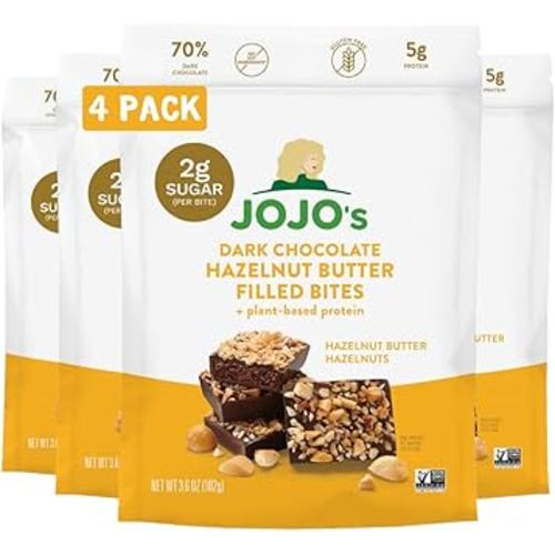 JOJO's Dark Chocolate Hazelnut Filled, Healthy Snack, Low Sugar, Low Carb, Gluten Free, Paleo & Keto Friendly, Made with Plant Based Hemp Protein, Vegan (4 Count)