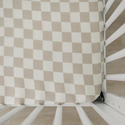 Taupe Checkered Muslin Crib Sheet by Mebie Baby, Soft and Breathable Bed Sheets for Babies, Modern Neutral Bedding for Cribs, Standard Crib Mattress Fitted Sheet, Great for Boy or Girl Room or Nursery