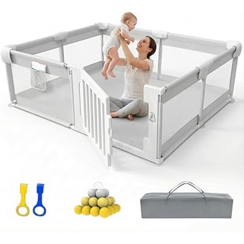 Funyoo 71" ×59" Baby Playpen with Gate, Large Baby Play Pen for Babies and Toddlers, Infant Fence Play Yard with Door for Living Room, Anti-Fall, Breathable Mesh