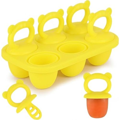 Sakolla Baby Popsicle Molds Mini 6-Cavity Silicone Ice Pop Mold with Sticks Breastmilk Popsicle Molds for Teething Relief Toddler Popsicle Mold for Ice Cream Frozen Yogurt and Fruit Juice (Yellow)