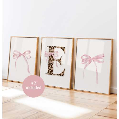 Leopard print initial wall art set of 3 pink bow nursery poster girls bedroom dorm decor (digital download)