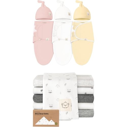 KeaBabies 3-Pack Swaddles with Hats for Newborns and 6-Pack Burp Cloths Baby Boy, Girl - Baby Sleep Sacks 0-3 Months, Newborn Swaddle Wrap - Large Cotton Burping Cloths, Spit Up Rags