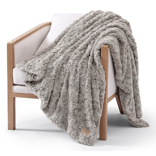 UGG Adalee Faux Fur Throw Blanket Luxury Lightweight Cozy Soft Throw for Couch Bed or Chair Hypoallergenic Machine Washable Double-Sided Fluffy Blanket Home Decor, 50-inch x 70-inch, Seal Grey