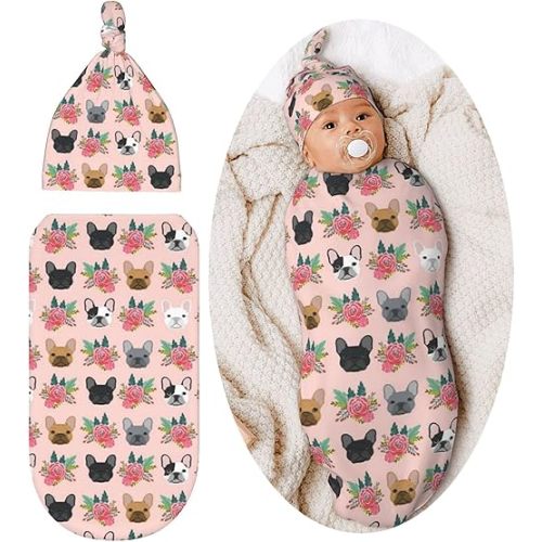 Cute Dog Swaddle Blanket French Bulldog Baby Stuff Newborn Baby Swaddling Blanket with Beanie Hat Sets for Boys Girls Infant and Baby Shower Unisex