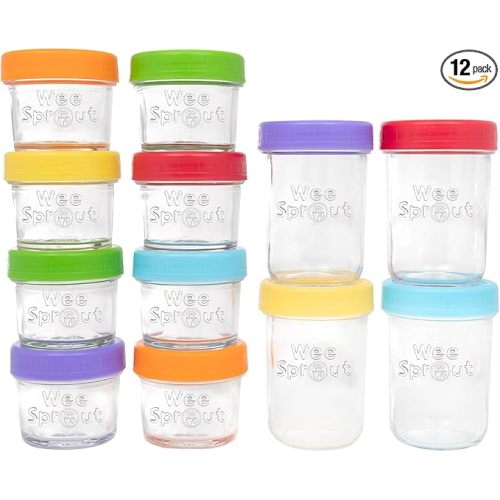 WeeSprout Glass Baby Food Storage Jars - 12 Set, 4 oz/8 oz Baby Food Jars, Plastic Lids, Freezer Storage, Reusable Small Glass Baby Food Containers, Microwave & Dishwasher Safe, for Infant & Baby Food