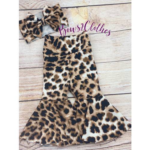 Animal Print / Baby Girl Bell Bottoms and Bow Set