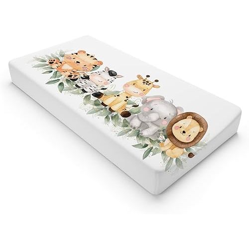 HawSkgFub Safari Jungle Baby Animal Leaf Changing Pad Cover, Natural Elephant Giraffe Zebra Lion Tiger Diaper Change Table Covers, Soft Stretchy Safe Snug Fitted Changing Mat Sheets Fit 32"/34" x 16"