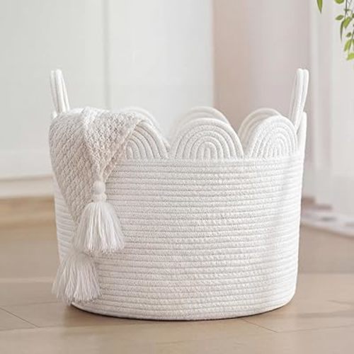 LemonRoad White Rope Basket Scalloped Woven Baskets 15.8"L x 15.8"w X13.8"h Cotton Storage Round Basket for Nursery Classroom Closet Blankets Storage Home Decor
