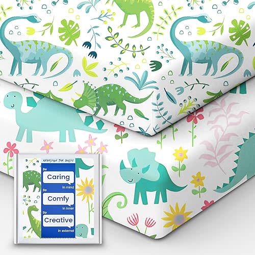 Dinosaur Crib Sheets for Boys, Premium Soft Crib Mattress Fitted Sheet, Ultra Breathable Baby Sheets, Super Stretchy Baby Bed Sheets 28x52x9 Extra Deep Pocket, 2 Pack