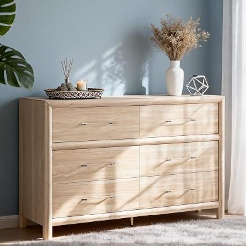 6 Drawer Dresser for Bedroom, 55" Wide Modern Chest of Drawers, Wooden Large Storage Cabinet with Sturdy Construction, TV Stand for Living Room, Hallway, Dining Room, Office (Natural Ash)