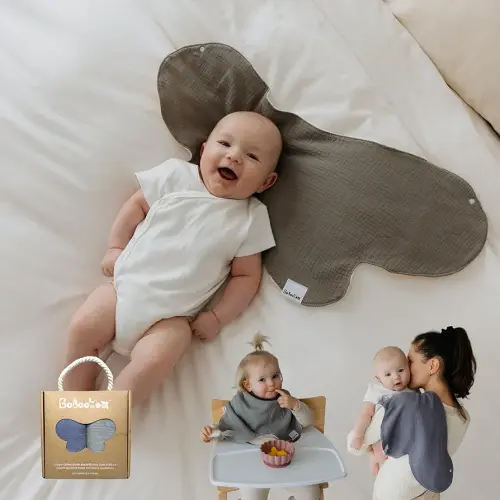 2-in-1 Burp Cloth to Bib, Water-Resistant XL Cotton Muslin 3-Layer, 26”x12”, Soft & Absorbent (Pack of 2, Herb & Cotton/Blue & Stone)