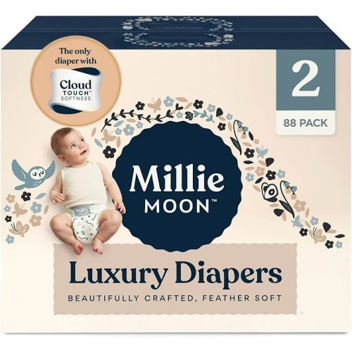 Millie Moon Luxury Diapers, CloudTouch Softness, 12-Hour Leak Protection, Hypoallergenic for Sensitive Skin (1-100ct)