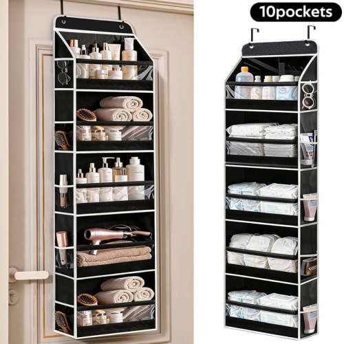 VOZOGO Over the Door Organizer 10 Pockets, Extra Large Behind Door Storage of 5 Tiers, Over the Door Storage, Door Hanging Organizer for Closet, Diaper Organizer, Toy Storage, Black