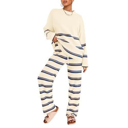 LILLUSORY 2 Piece Sets for Women 2025 Fall Outfits Two Piece Lounge Sets Sweatsuits Striped Knit Sweater Clothes Fashion