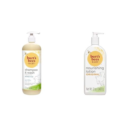 Burt's Bees Baby Shampoo and Wash Set with Nourishing Lotion, Fragrance Free 2-in-1 Formula 21 oz and Original Scent 12 oz