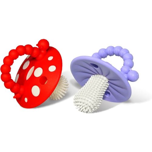 RaZbaby Soft Silicone Infant & Baby 3M+ Teether Toy Massaging Bristles Teething Relief Pacifier - Soothes Sore Gums - Hands-Free & Easy-to-Hold Chompy Teether, BPA Free (RED/Lavender)