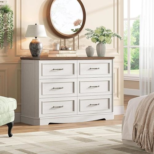 Maupvit 6 Drawer Dresser for Bedroom, 47" Wood Chest of Drawers with Large Storage, Long Dresser TV Stand, Versatile Storage Organizer Cabinet for Nursery Living Room,White