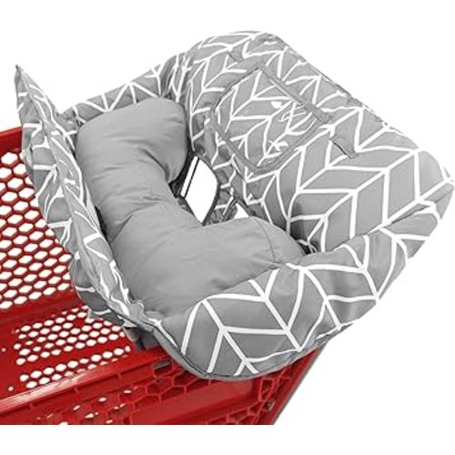 Love&go Soft Pillow Attached 2-in-1 Shopping Cart and High Chair Cover for Baby, Cotton Padded Cart Cover, Fold'n Roll Style, Portable with Carry Bag (Gray Arrow)