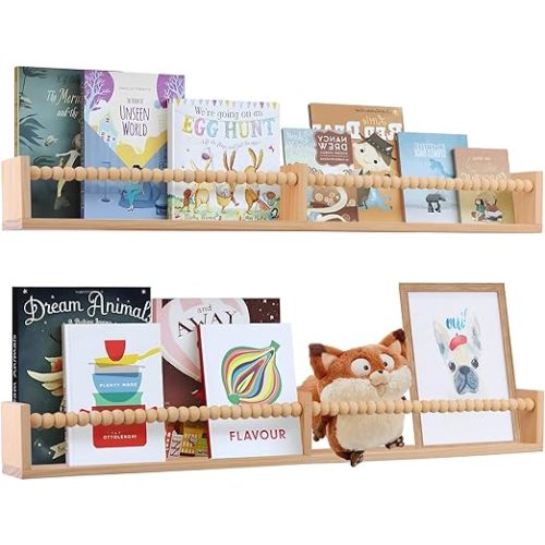 Nursery Book Shelves Wall Mounted Set of 2, 32 inches Wooden Floating Wall Bookshelves for Kids,Nursery Shelves for Bookshelf Wall,Kids Bookshelf for Kids Room, Bedroom and Study Room