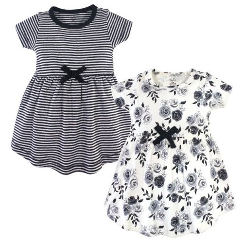 Touched by Nature Baby and Toddler Girl Organic Cotton Short-Sleeve Dresses 2pk, Black Floral, 3-6 Months