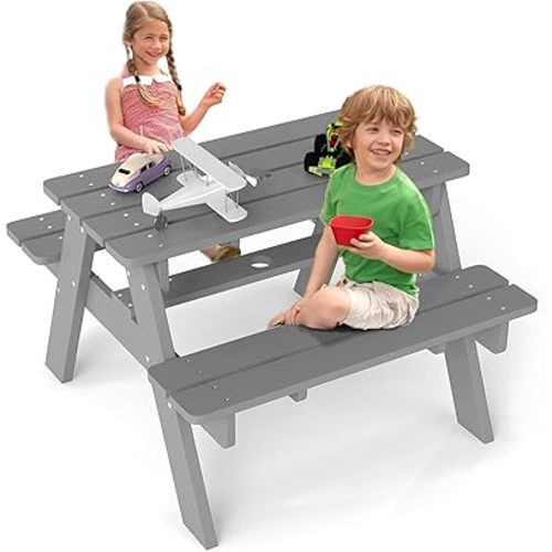 FOOWIN Kids Picnic Table, HDPE All Weather Toddler Picnic Table, Kids Outdoor Table and Chair Set w/Umbrella Hole for Patio, Backyard, Garden, Lawn, Grey