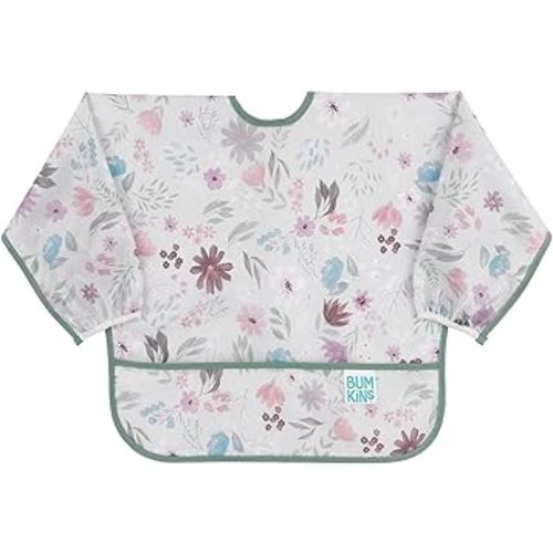 Bumkins Sleeved Bib for Girl or Boy, Baby and Toddler for 6-24 Mos, Essential Must Have for Eating, Feeding, Baby Led Weaning Supplies, Long Sleeve Mess Saving Food Catcher, Soft Fabric, Floral Gray