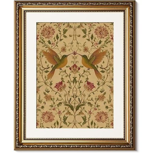 ARPEOTCY Gold Framed Canvas Wall Art, Vintage Floral and Hummingbird Art, Elegant Decorative Piece for Living Room, Bedroom, Office, 13x16 Inch