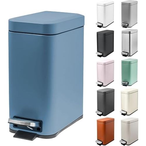 M-Aimee 1.3 Gallon Slim Small Trash Can with Lid Soft Close, Stainless Steel Garbage Can for Bathroom Bedroom Office, Rectangular Step Trash Bin with Removable Inner Waste Basket (Blue)