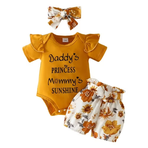 Zanarzt Toddler Girls Summer Outfits Baby Clothes Newborn Short Sleeve Romper Shorts Headband Sets 3Pcs Infant Summer Outfits Orange,9-12 Months
