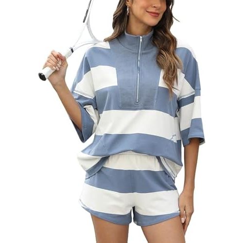 Women's Striped 2 Piece Outfits Oversized Lounge Set Summer Workout Sets Top and Shorts with Pockets