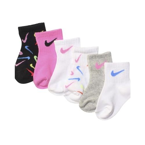 Nike Little Girls Swoosh Ankle Socks 6-Pack Set Soft Cotton Blend, Stretch Fit & Breathable Design for Everyday Comfort
