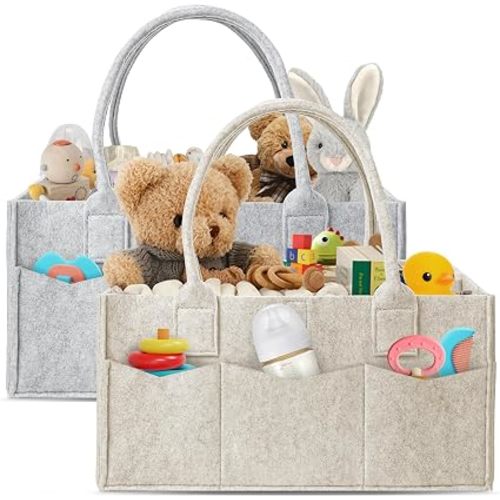 HIPHOP PANDA 2-Pack Diaper Caddy Organizer - Newborn Essentials Baby Registry Must Haves - Sturdy Nursery Storage Bin & Portable Car Caddy for Diapers & Wipes - Grey/Oatmeal Gift Set